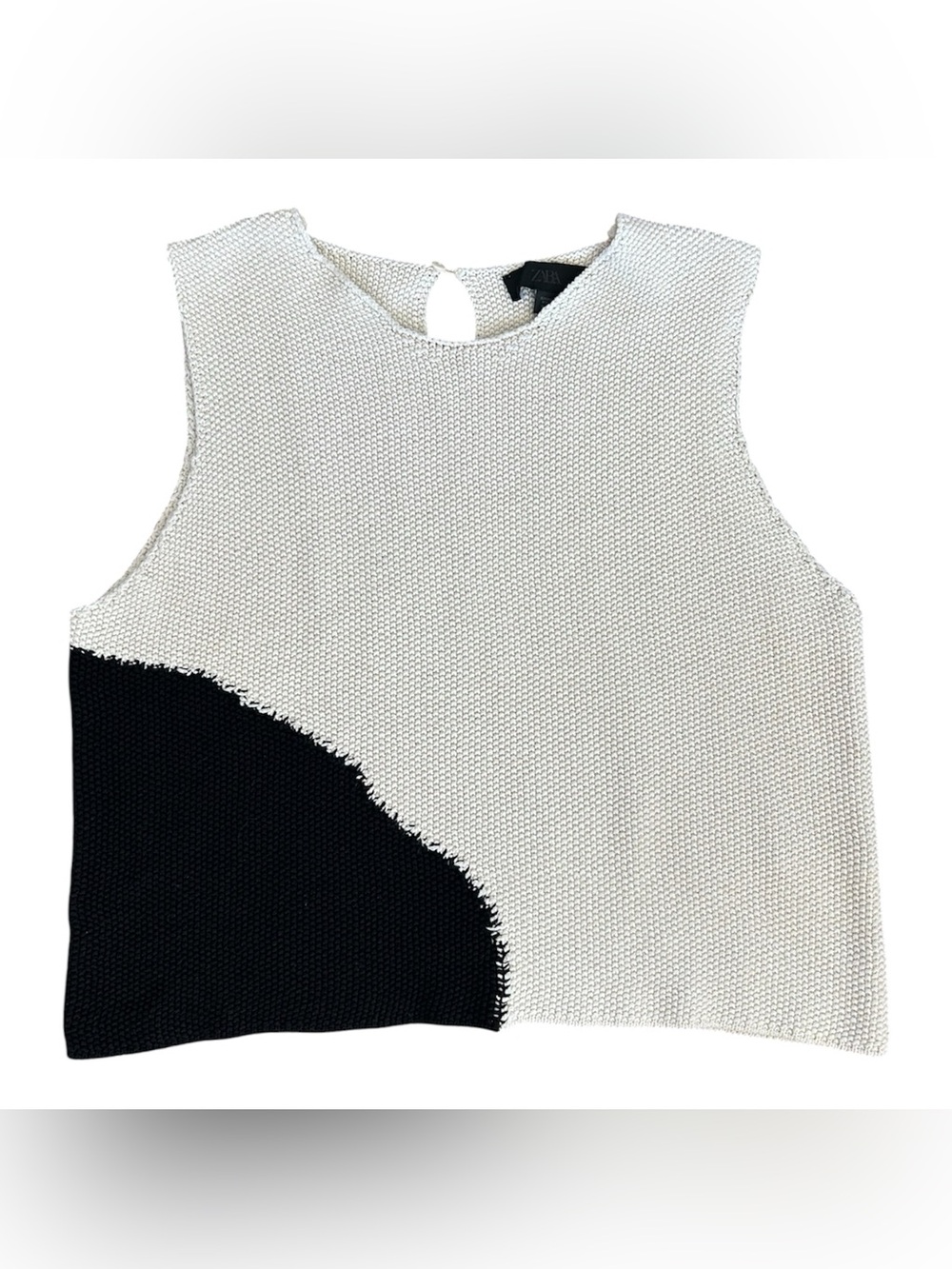 Zara | Women’s Cream Black Knit Colorblock Boxy Fit Sleeveless Sweater Tank Sz L